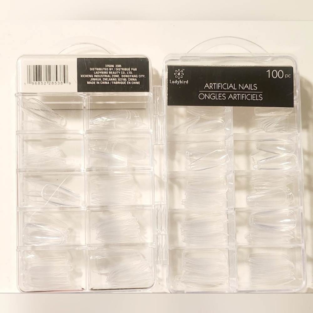 Ladybird 100-pc x 2 ARTIFICIAL NAILS TRANSLUCENT COFFIN SHAPED With CASE. - Picture 2 of 5
